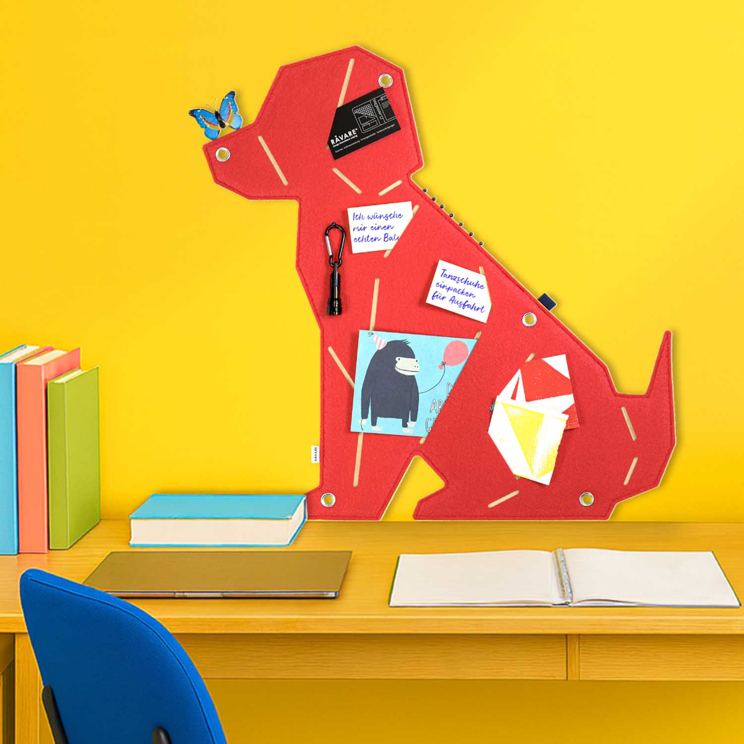 pinnwand_tier_veganer_filz_wuf_rot_beige_szene_1 Pinnwand Hund "WUF" rot-beige – Bild 1